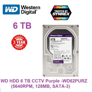 WD HDD (ฮาร์ดดิสก์) (WD62PURZWD) HDD 6 TB 3.5” CCTV Purple (5640 RPM,128MB, SATA-3) SATA-III (Transfer Rate :185 MB/s)เห