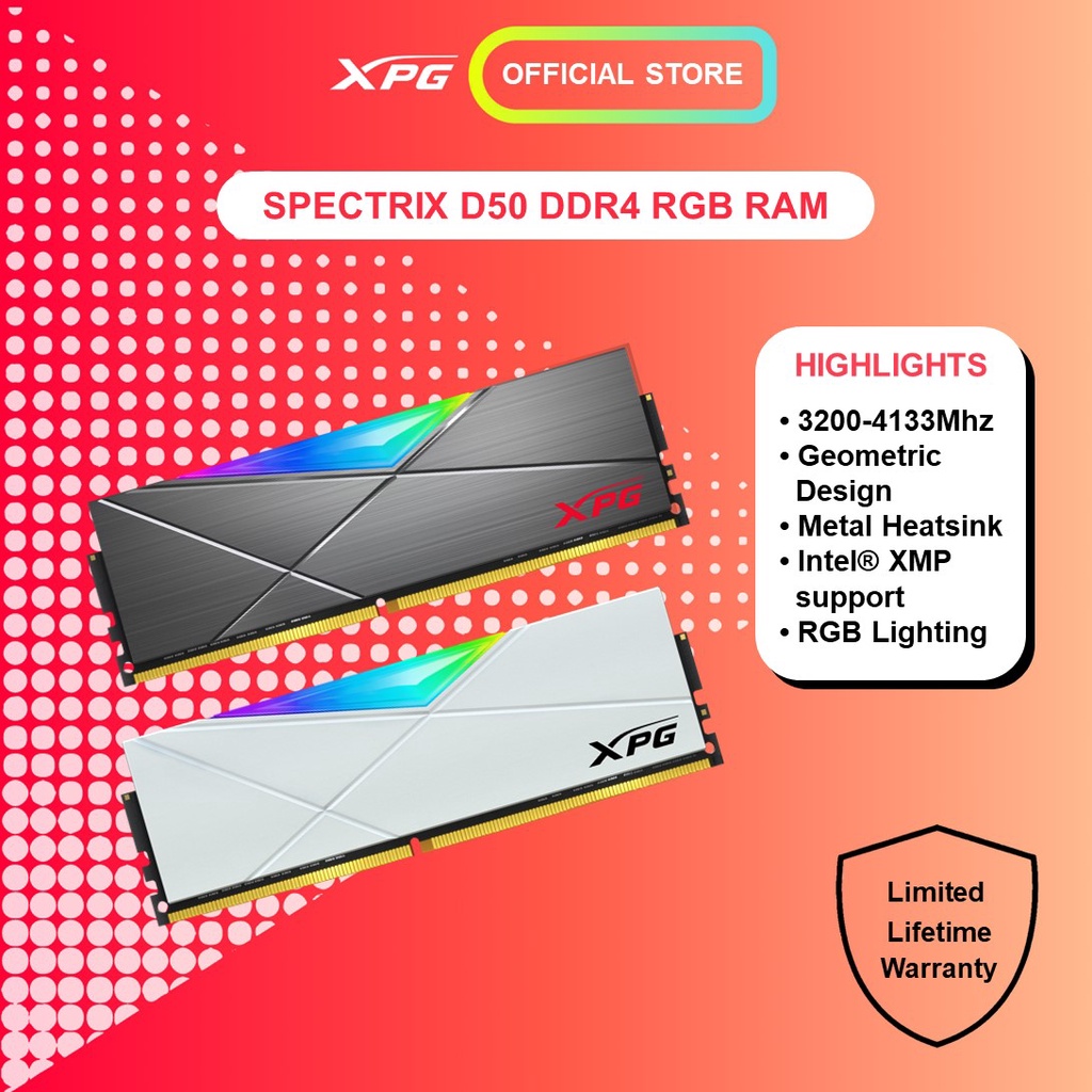 แรม ADATA D50 DDR4 3200 3600 4133 8GB 16GB 32GB (XPG) สีเทา ขาว