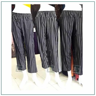 RINLIN กางเกงผู้หญิง ผ้ายืด ขายาว สาวอวบ แถบขาว พื้นสีดำ Women Lady Indoor Outdoor White Striped Black Pants Plus Size