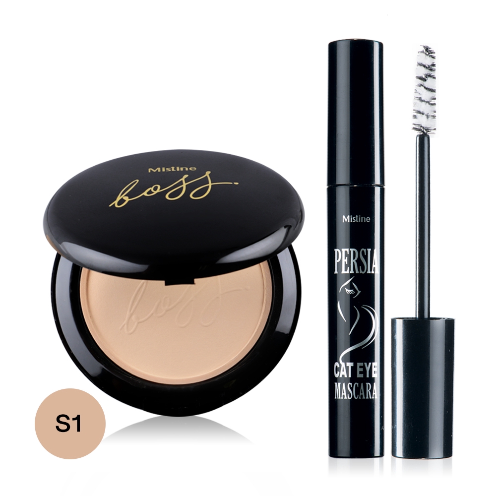 Mistine Set 2 Items Boss Microsilk Super Powder SPF25/PA++ 10g #S1 + Persia Cat Eye Mascara 7g.