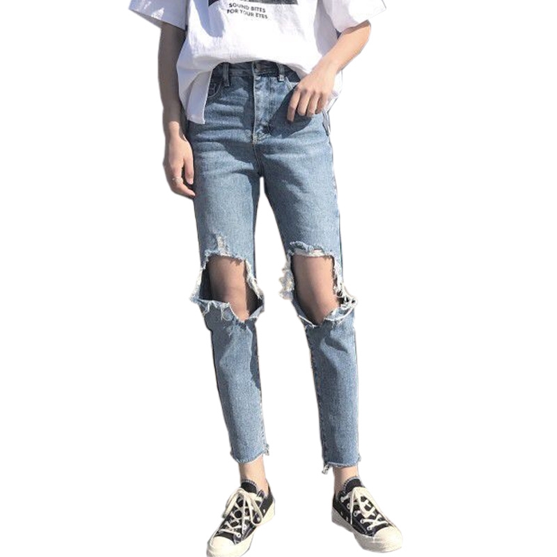 กางเกงยีนส์ 👌 ขายาว สตรีสไตล์เกาหลี Happy-girl เวอร์ชั่นเกาหลีของแฟชั่นร้อนหลวมเอวสูงใหม่สีทึบตรง