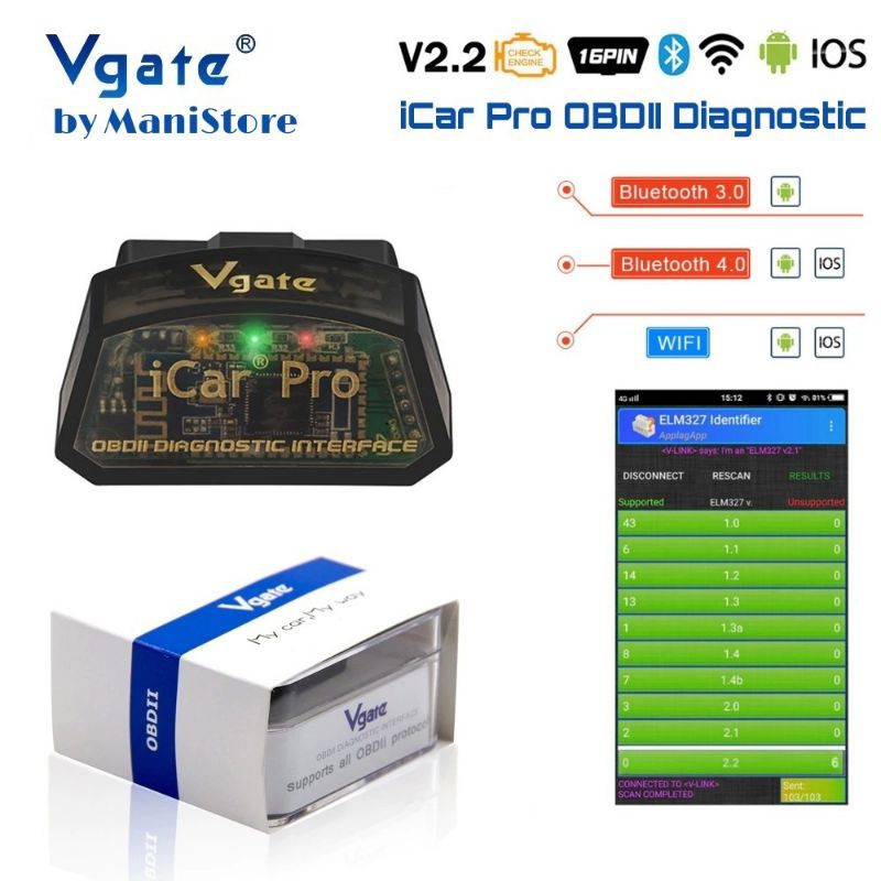 [Vgate] Vgate iCar Pro Bluetooth 3.0 / 4.0(BLE) / Wifi / IOS / Android Support all OBDII ELM327 V2.3