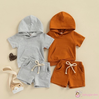 Babygarden-0-24months ชุดเสื้อกันหนาว แขนสั้น มีฮู้ด และกางเกงขาสั้น สีพื้น สําหรับเด็กผู้ชาย