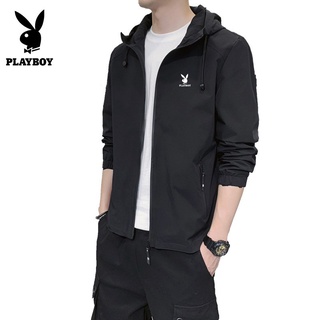 Playboy เสื้อแจ็กเก็ตคาร์ดิแกน มีฮู้ด แฟชั่นฤดูใบไม้ร่วง สําหรับผู้ชาย (M-4XL)