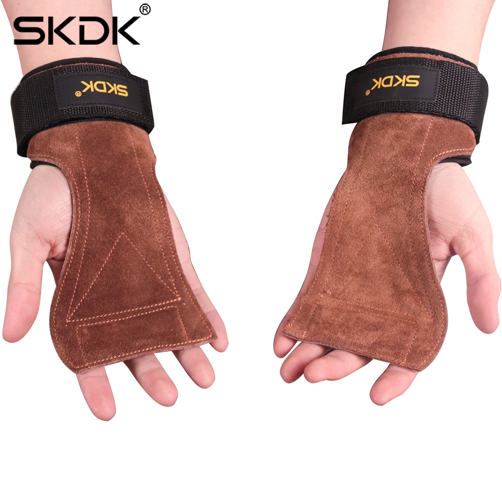 ถุงมือฟิตเนสผู้ชาย  STRAPS Leather Grip pads & Strap SKDKหนัง กลับ สแต๊ป