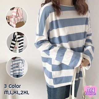 🎴MYF มาใหม่🎴เสื้อยืดคอกลมแขนยาวลายทาง สีพาสเทลหวานๆ 3 สี