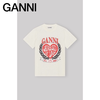 Tee เสื้อยืดครอป เสื้อยืดแขนสั้นลําลอง คอกลม พิมพ์ลายโลโก้ Ganni สไตล์เรโทร สําหรับผู้หญิง3263135