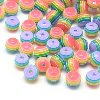 Beadthoven 100pc Pride Beads Transparent Stripe Resin Beads Round Colorful 8mm Hole: 2mm