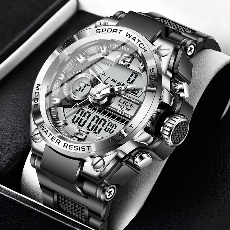 LIGEของแท้นาฬิกาผู้ชายแฟชั่นนาฬิกาข้อมือดิจิตอลกันน้ำนาฬิกาจับเวลาปฏิทินมัลติฟังก์ชั่น