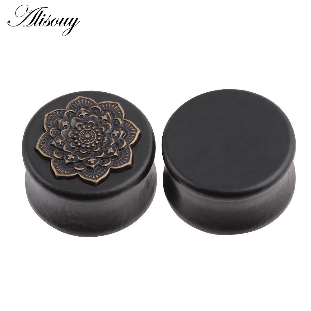 Alisouy สไตล์ใหม่ 2 ชิ้นสีดําไม้ธรรมชาติ Mandala ดอกไม้หูปลั๊กอุโมงค์หู Expanders ต่างหูเครื่องวัดเจาะปลั๊กหูเครื่องประดับ