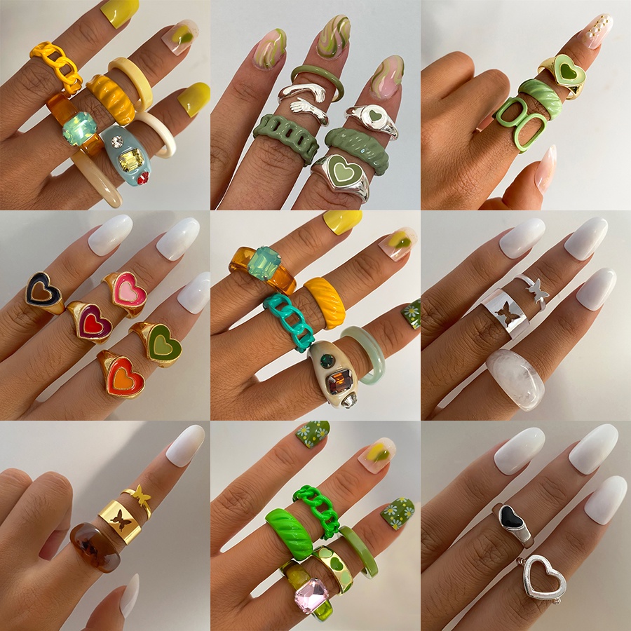 เครื่องประดับแหวนแฟชั่นสุภาพสตรีเรซิ่นพังก์อะคริลิคสีเขียว 7 ชิ้น