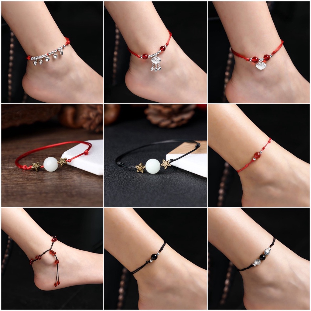 พร้อมสต็อกที่มีสีสันเชือกสีแดงกําไลข้อเท้าปลาระฆังมุกดาวหญิงย้อนยุคสร้างสรรค์สีดํา
