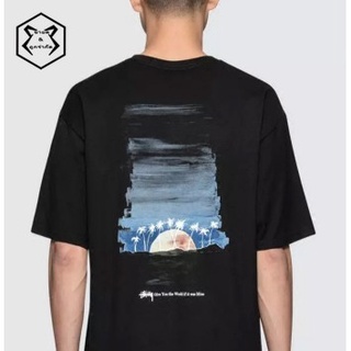 Stussy Horizon Sunset Coconut เสื้อยืดลําลองสําหรับผู้ชายผู้หญิงแขนสั้นพิมพ์ลาย