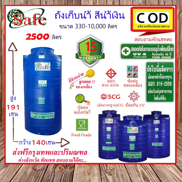 SAFE-2500/ ถังเก็บน้ำ สีน้ำเงิน 2500 ลิตร ส่งฟรีกรุงเทพปริมณฑล