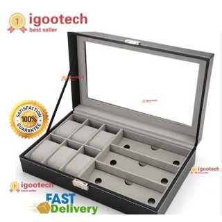 igootech กล่องใส่นาฬิกา 6 เรือน กล่องใส่แว่นตา 3 อัน ฝากระจก พร้อมตัวล็อค black