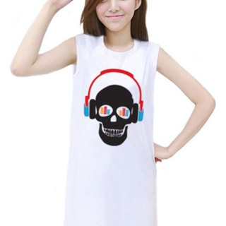 เสื้อยืดแฟชั่น ตัวยาว / แซกสั้น แขนกุด ผ้านุ่ม ลาย Skull I (สีขาว)