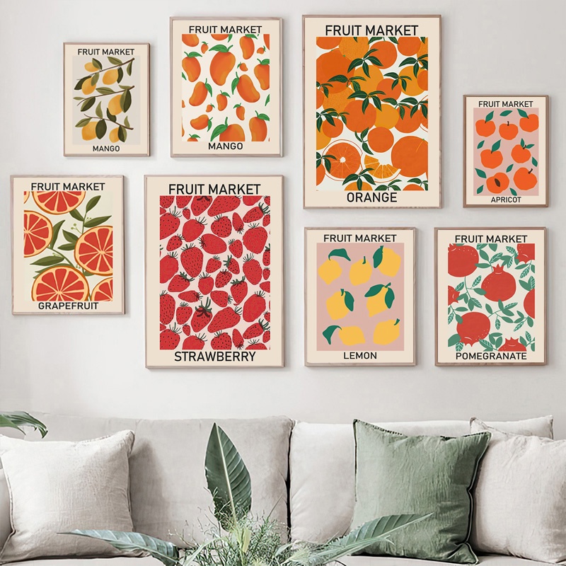 Vintage Wall Decor โปสเตอร์ผลไม้ Market Cherry Lemon Pear กล้วยสีส้ม Wall Art ภาพวาดผ้าใบภาพผนังห้องครัวตกแต่งห้องนั่งเล่นตกแต่งบ้าน