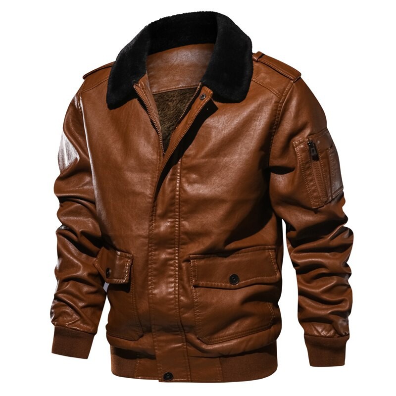 Men Motorcycle PU Leather Jacket Winter Warm Luxury Fleece Retro Coat Fur Collar Biker Bomber Pilot Faux Leather Jacket #3