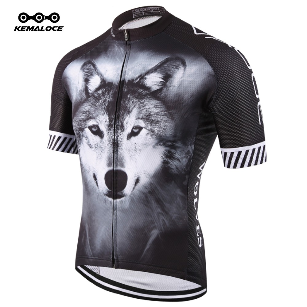 KOMALOCE Wolf Cycling Jersey Wear Black Men Bicycle Shirts Clothing Retro Crane Bike Jersey