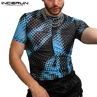 INCERUN Men Fashion Polka Dot Short Sleeve Leisure Round Neck  T Shirts