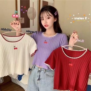 Women ☂️พร้อมส่ง☂️เสื้อยืดแขนสั้น ปักลายเชอรี่ มุ้งมิ้ง (YTT)