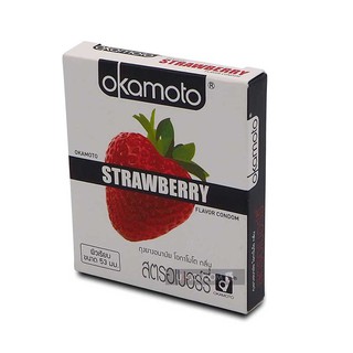 Okamoto Strawberry ถุงยางอนามัยแบบผิวเรียบกลิ่นสตอเบอรรี่ ขนาด 53 มม. 1 กล่อง 2 ชิ้น