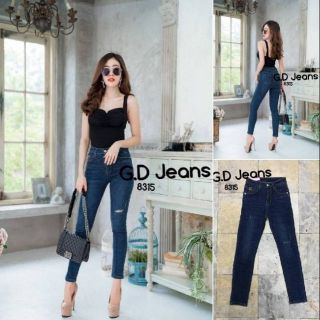 G.D.Jeans รุ่น 8315#กางเกงยีนส์ขายาวผ้ายืดฮ่องกงสีเข้มเล่นขาดติดป้ายหนังข้างกระเป๋าแบบดูเก๋ๆ 💦💦