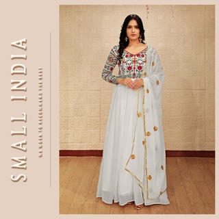 {**ส่งฟรี**} SMALL INDIA 🌸 Georgette White Anarkali เซ็ท2ชิ้น 🌸 Gown Dress With Dupatta