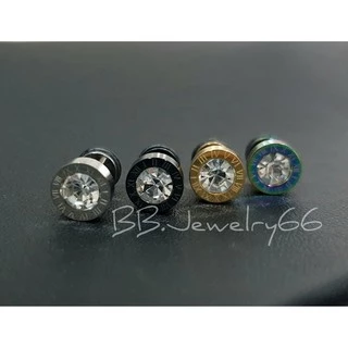 SS04 จิวหูสแตนเลส นาฬิกาโรมัน ฝังเพชร ก้าน 1.2 mm. ขนาด 8/10 mm. (1 ข้าง) จิวเพชร ต่างหูเพชร