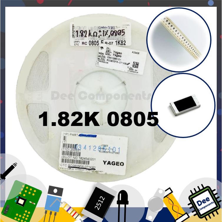 1.82KOhm 0805 ±1% 250 mW -55°C~155°C RC0805FR-071K82L YAGEO 1-A1-20 (1 แพ็ค มี 100 ชิ้น)
