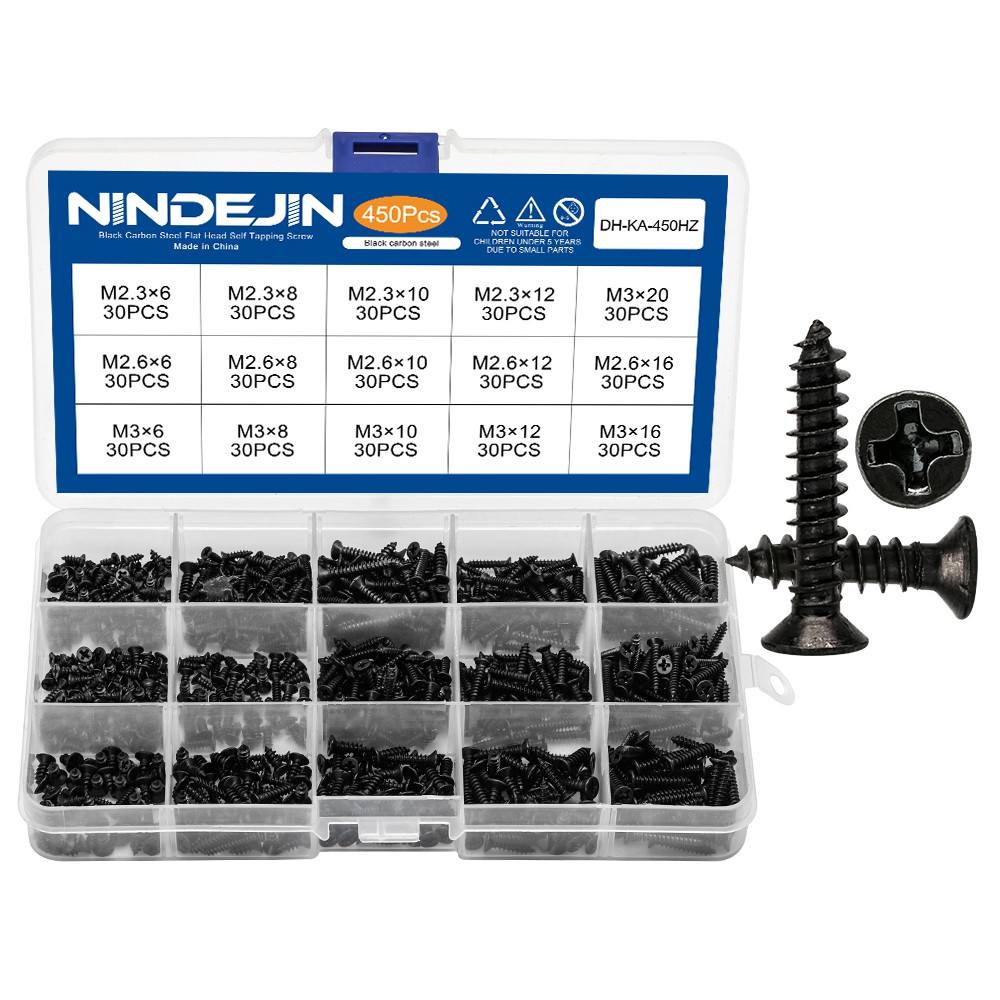 NINDEJIN 450 ชิ้น / เซ็ต M2.3 M2.6 M3 สีดำชุบหัวแบนแบนหัวสกรูแตะที่มีครอสปิดภาคเรียนเหล็กคาร์บอนขนาดเล็กชุด