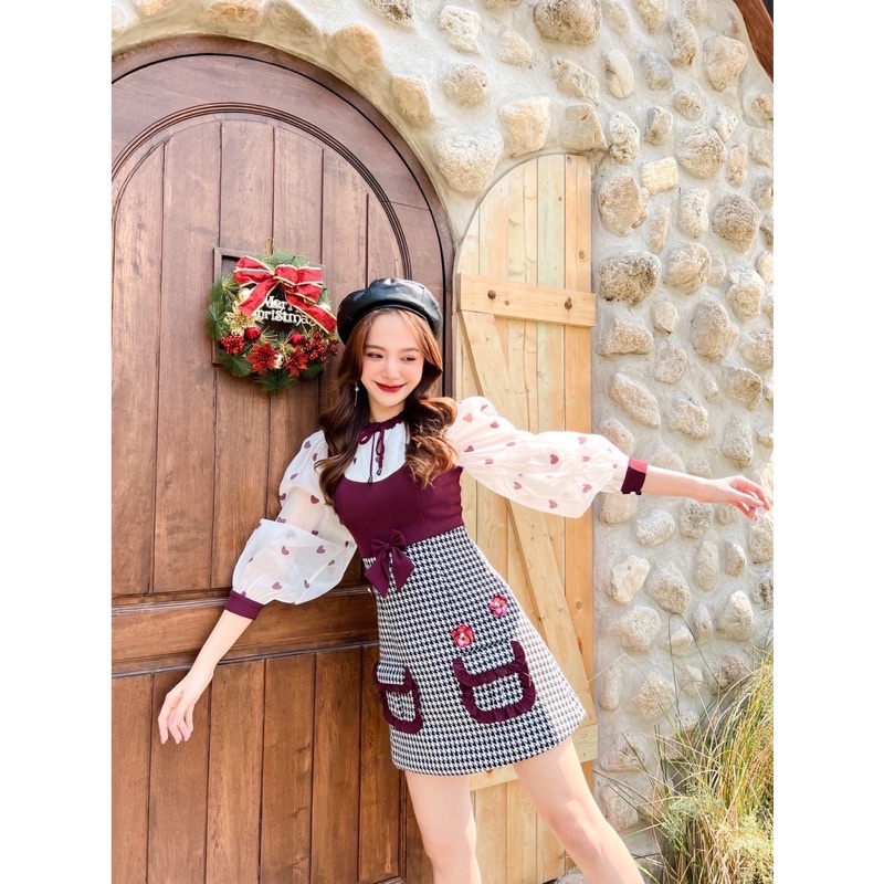 ❤️BLT BRAND❤️มินิเดรส สีแดงแขนยาวสีขาว ลายขาวดำ 🚛พร้อมส่ง L 🎁