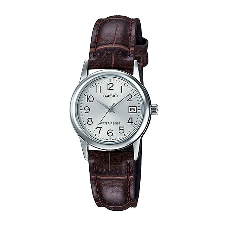 Casio Standard นาฬิกาข้อมือผู้หญิง สายหนังแท้ รุ่น LTP-V002,LTP-V002L,LTP-V002L-7B2 - สีเงิน