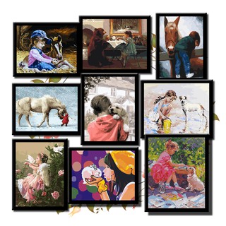 40*50 cm DIY ภาพวาดสีน้ำมัน ภาพระบายสีตามตัวเลข Oil Painting Paint By Numbers on Canvas baby and animal