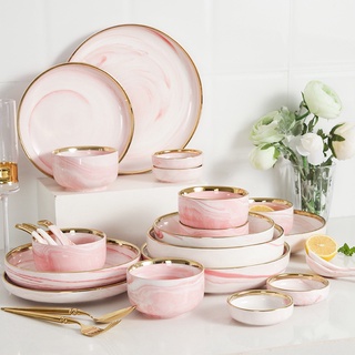 Tableware จานชามเซรามิด ชามลายเซรามิก จานลายเซรามิก จาน ชาม ถ้วยช้อนถ้วยน้ำจิ้ม สไตล์ยุโรปเซรามิกลายเขียวแอ๊ปเปิ้ลขอบทอง