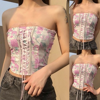 R-R เสื้อครอปท็อปเกาะอกพิมพ์ลายดอกไม้สีชมพูเซ็กซี่สําหรับผู้หญิงใส่ไปคลับปาร์ตี้คลับ