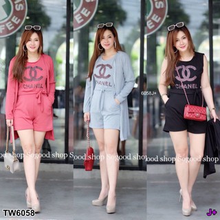 TW6058 *สาวอวบ* Set 2 ชิ้น จั๊มสูทขาสั้น+เสื้อคลุม