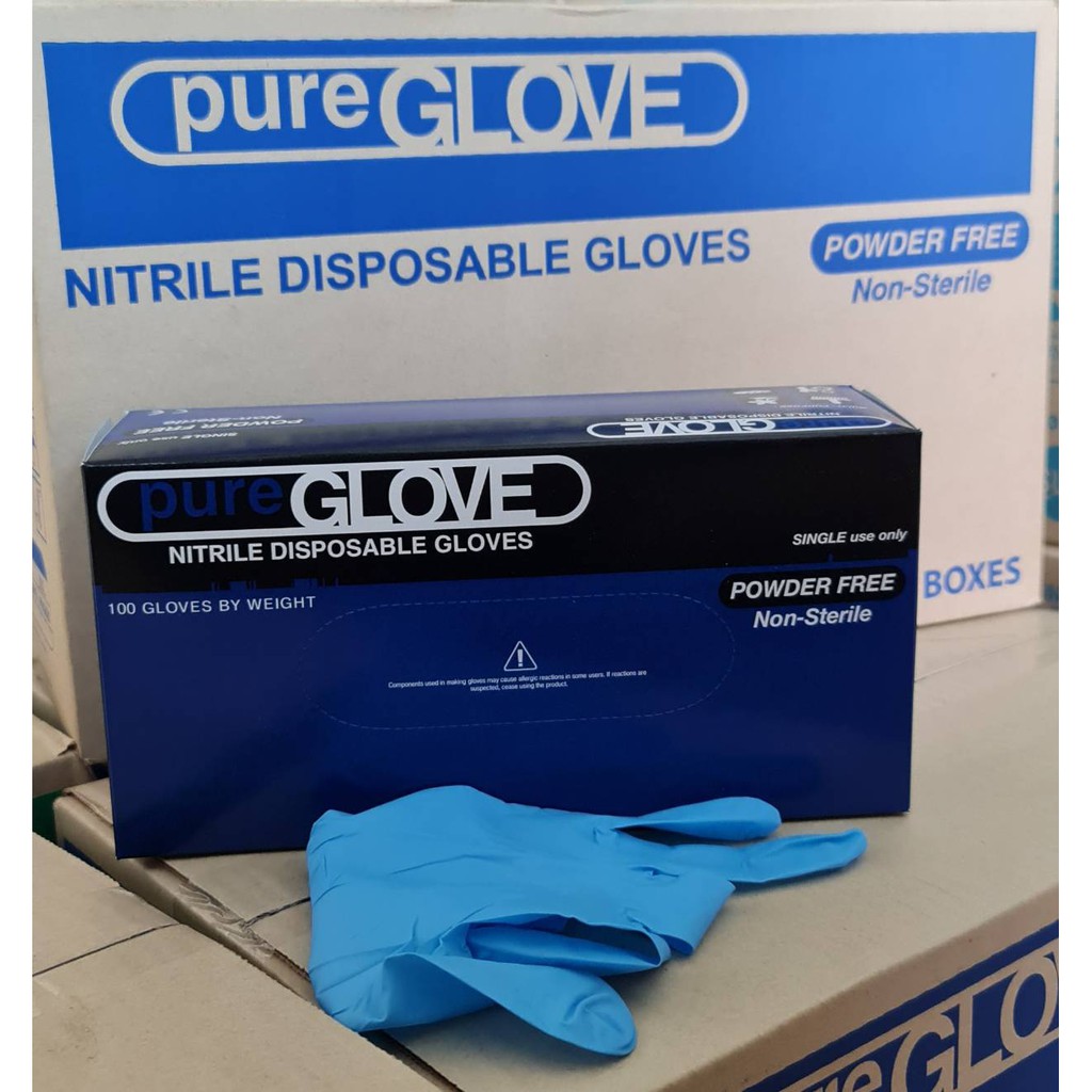 ถุงมือยางไนไตร ไม่มีแป้ง Nitrile Gloves Powder Free ยี่ห้อ Pure Glove (1 กล่อง 100 ชิ้น) สีฟ้า ของแท้ 100%