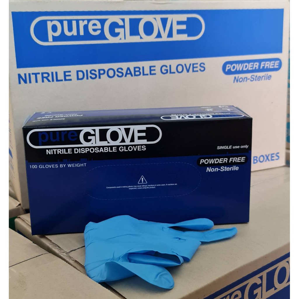 ถุงมือยางไนไตร ไม่มีแป้ง Nitrile Gloves Powder Free ยี่ห้อ Pure Glove (1 กล่อง 100 ชิ้น) สีฟ้า ของแท