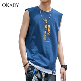 OKADY เสื้อยืดแขนกุดหลวมฤดูร้อนสำหรับผู้ชาย เสื้อกั๊กกีฬาฟิตเนสเทรนด์ฮิปฮอปเทรนด์ยอดนิยม