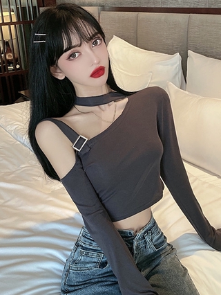 Women  Sexy Crop Top Slim  Long Sleeve Off-shoulder  T-Shirt Short Tops เสื้อโค้ท