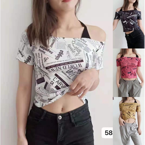 Yuki-CF0476 เสื้อครอปปาดไหล่ เสื้อแขนสั้น แต่งสายคล้องคอ