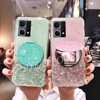 เคสโทรศัพท์ซิลิโคน TPU แบบนิ่ม ลายกากเพชร รูปดาว พร้อมกระจก ตั้งได้ สําหรับ OPPO Reno 7 7Z 7Pro 6 6Z 6Pro A76 A96 5G 4G Reno7 Reno6 Z Pro OPPOA96