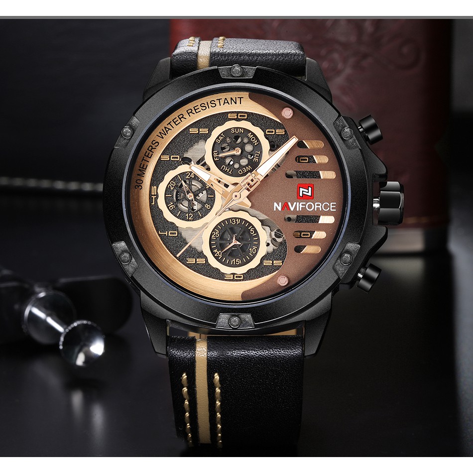 รับประกัน 1 ปี สินค้าพร้อมกล่อง กันน้ำได้ นาฬิกา naviforce แท้ รุ่นNF9110-BRGBN สายหนัง ของแท้100%