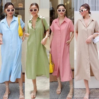 Linen​ Maxi​ Dress​ ชุดเดรสลินินทรงปล่อย แต่งกระเป๋า 2 ข้างผ้าลินิน