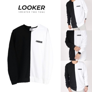 LOOKER- เสื้อแขนยาวสเวสเตอร์ ทูโทน ดำขาวผ้าเกล็ดปลานุ่มมาก พร้อมปักLogo Looker !!