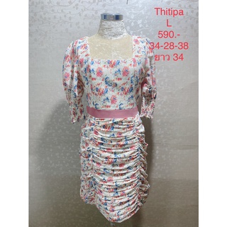 เดรสสั้น ลายดอกหลากสี จับจีบกระโปรง THITIPA SIZE L