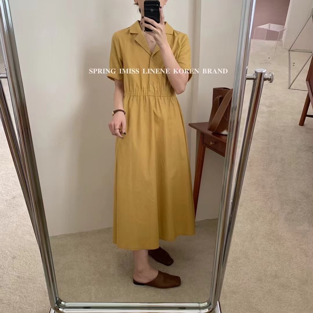 SUNDAY2020 วัยทำงาน สไตล์โมริ คอวีชุดเดรส ชุดเดรสยาวสีพื้น แต่งคอปกกับพับแขนเสื้อ สะดวกสบาย น่ารักๆ สไตล์เกาหลี�