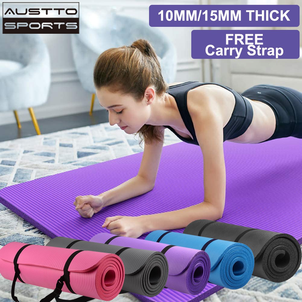 Austto 10MM/15MM NBR Yoga Mat Extra Thick High Density Anti-Tear Exercise Yoga Mat with Carrying Str