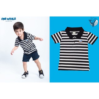 เสื้อโปโลเด็กลายทางขาวดำปักปลาวาฬ-PO0003